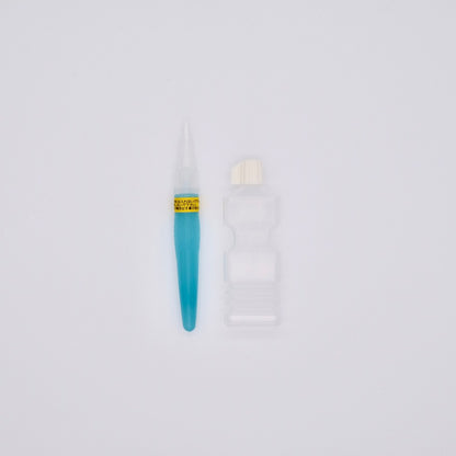Teal watercolor brush with a white handle on a light gray background