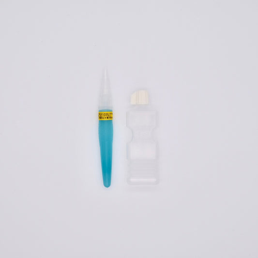 Teal watercolor brush with a white handle on a light gray background