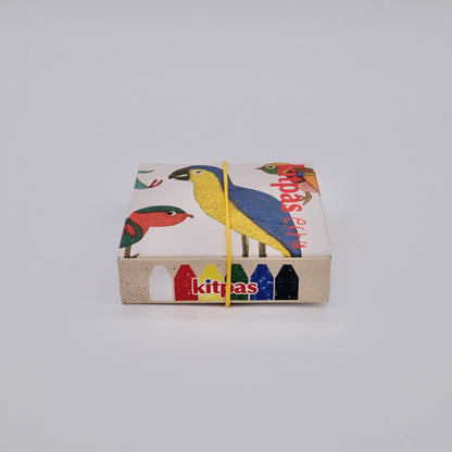 Small box with colorful bird design and 'kitpas' branding on a light gray background