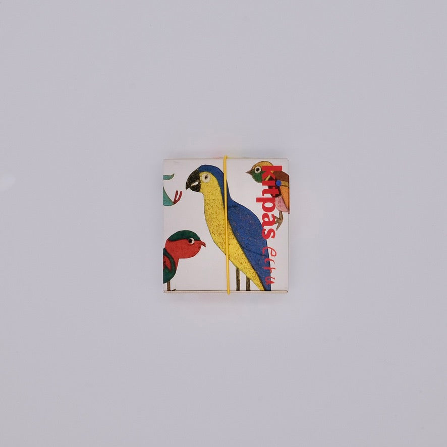 Small box with bird illustrations on a light gray background