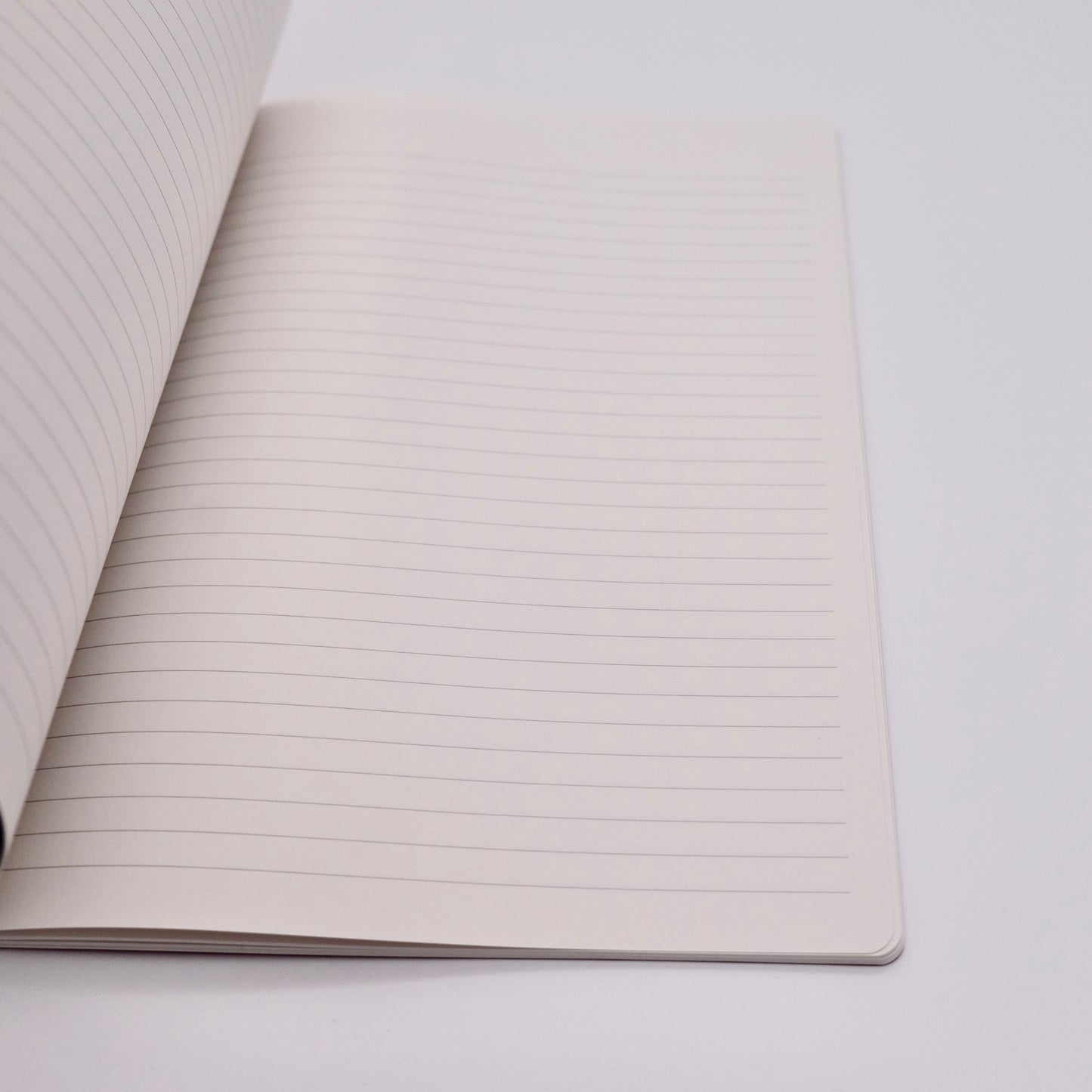 Open notebook with lined pages on a light gray background
