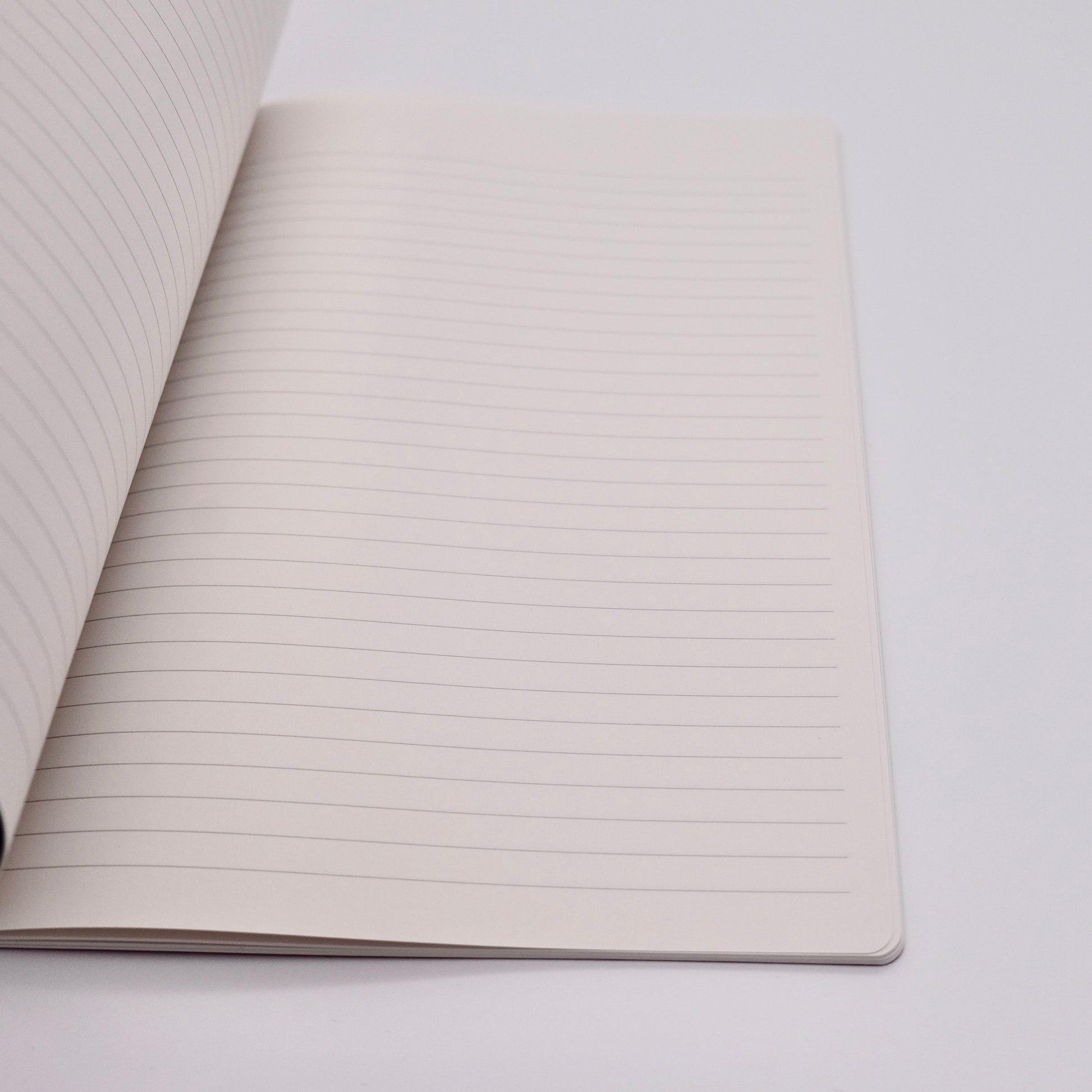 Open notebook with lined pages on a light gray background