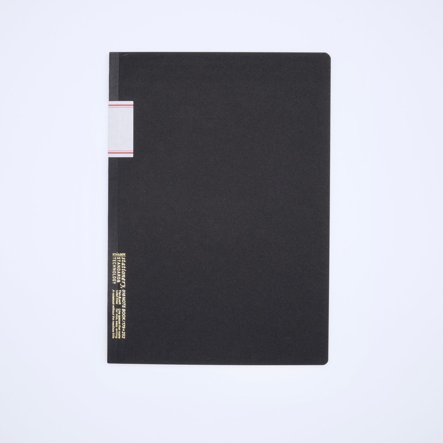 Black notebook with a visible brand name on a light gray background