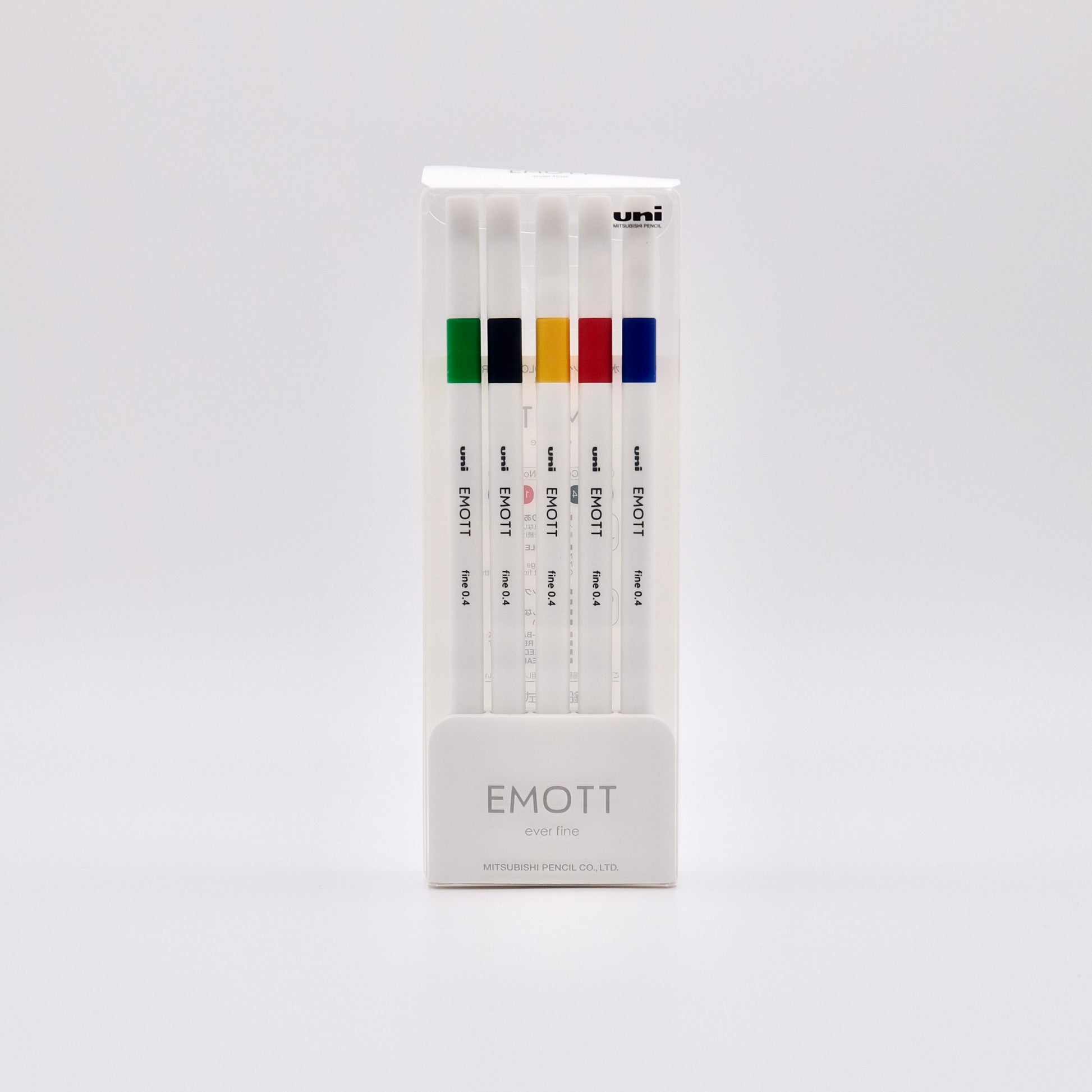 Pack of uni EMOTT pens with color swatches on a white background