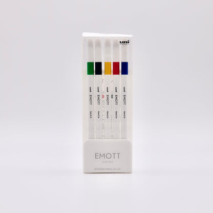 Pack of uni EMOTT pens with color swatches on a white background