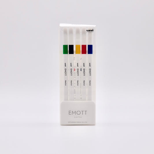 Pack of uni EMOTT pens with color swatches on a white background